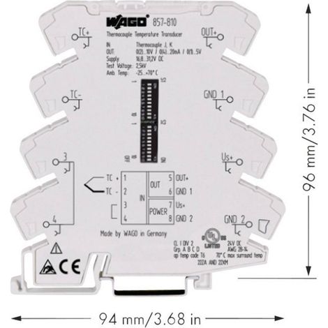 Transducteur de mesure pour thermocouples type J et K interrupteur DIP (L x l x H) 94 x 6 x 96 mm WAGO 857-810 (1/2)