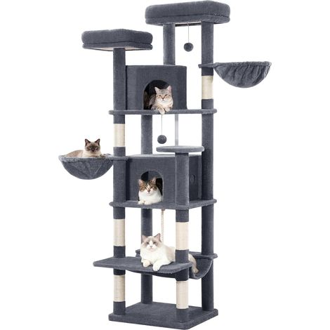 Grand Arbre à Chat, Tour de Jeux pour Chats, Arbre à Grimper avec Griffoirs, 2 Condos Confortables, 2 Perchoirs, 2 Paniers, Hamac, pour Usage Intérieur, Gris Foncé (1/5)