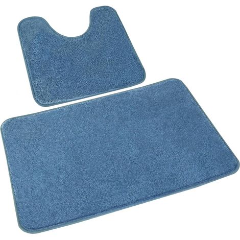 Lot de 2 Tapis de bain, Microfibre antidérapante, Absorbant rapide, Pour salle de bain et WC, Bleu (1/5)