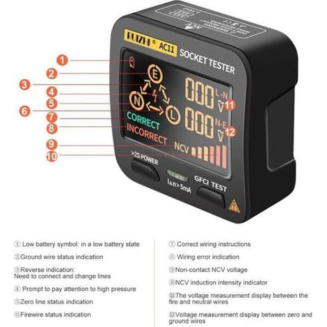 Testeur prise avec écran LCD – câblage – domestique/professionnel (1/5)