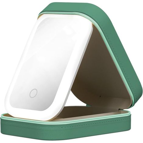 Miroir De Maquillage LED - Boîte De Rangement Intégrée - Éclairage Réglable Touch - Rechargeable USB - Pour Voyage Bureau Chambre - Vert - 1 Pièce