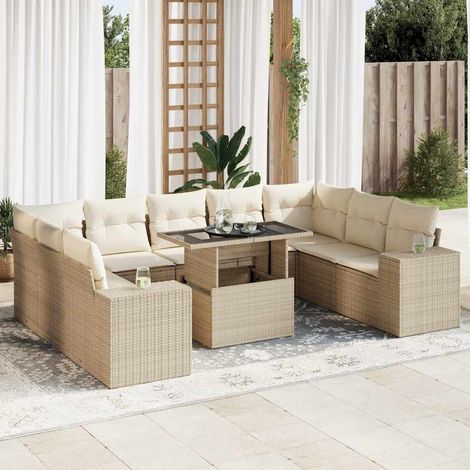 vidaXL Rattanmöbel -  10-tlg. Garten-Sofagarnitur mit Kissen Beige Poly Rattan (1/5)