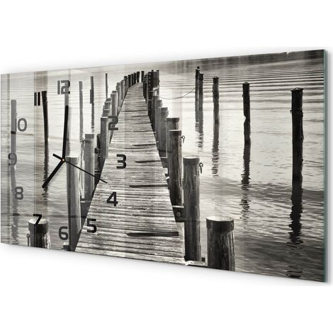 Horloge Murale Salon 60x30 cm Panoramique Verre Trempé Décoration Murale Pont en bois (1/5)