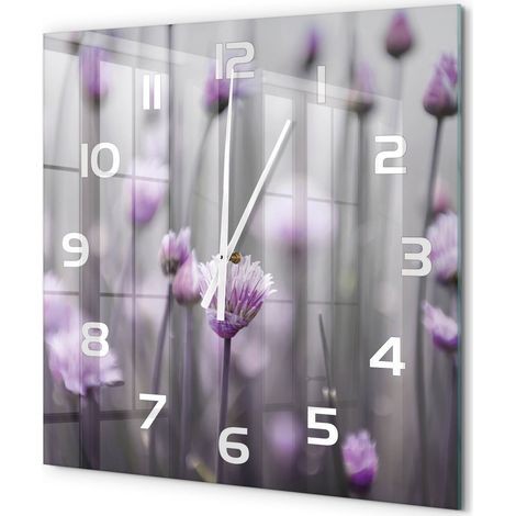 Grande Horloge Murale Carrée Moderne Décorative Verre Trempé Élégante Salon Fleurs de ciboulette 60x60 cm (1/5)