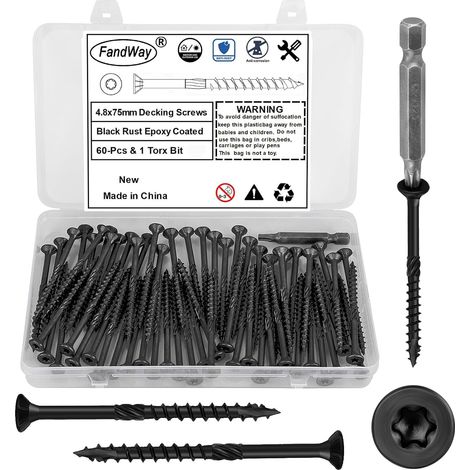 60 Pièces Vis à Bois Torx pour Panneaux D'aggloméré 4,8x75mm Vis à Tête Fraisée,Vis Autotaraudeuses Torx Universelles Pour Construction de Toiture,Terrasse Avec 1 T25 Bits.Nior époxy. (1/5)