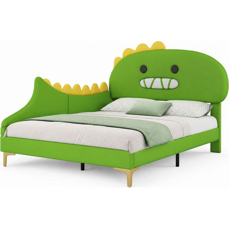 Lit enfant 140 x 200 cm en PU vert, tête de lit dinosaure cartoon, sommier à lattes, design ludique pour chambre d'enfant, facile à associer CHICFURN (1/5)