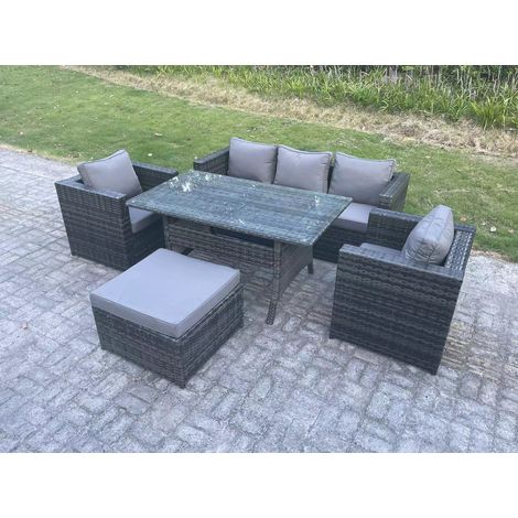 Fimous 6 places Ensemble de meubles de jardin en rotin  Canapé Fauteuil et Table à manger rectangulaire Grands Tabourets Gris foncé mélangé (1/5)