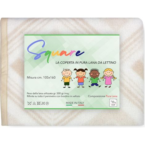 COPERTA SQUARE Bambini in vera Pura LANA da LETTINO morbida e Calda colore Naturale