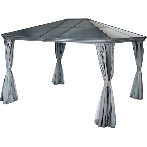Hesperide – Pergola Belize aluminium 3x4m – Toit polycarbonate transparent – Rideaux polyester et moustiquaires inclus – Installation facile