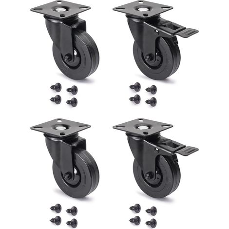 Emuca – Lot de 4 roulettes 75mm avec frein – Charge 40kg – Montage platine acier – Roulements à billes pour glissement silencieux