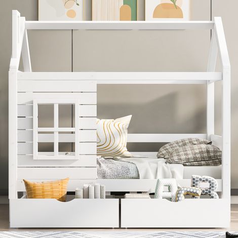 Lit enfant 80x160 cm barrière protection, bois massif blanc, lit fille garçon avec fenêtre et sommier inclus