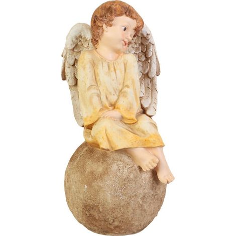 Angelo custode su sfera - Statuetta decorativa color crema, 47 cm, resistente alle intemperie