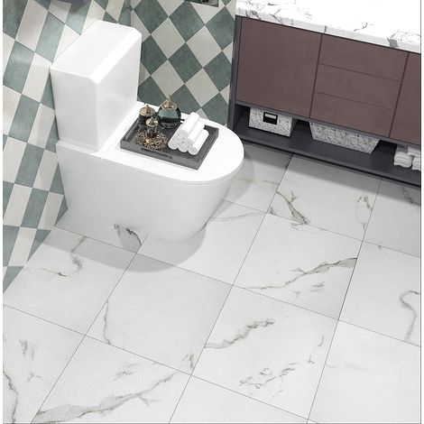 30X30CM 30 Dalles de Sol Autocollantes en PVC Effet Marbre Blanc Carrelage Adhesif Mural Étanche Dalle PVC Adhesive Sol Marbre pour Salle de Bain Cuisine Vinyle Adhésif Sols Blanc Carreaux (1/5)