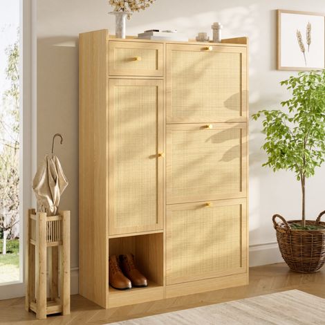 Meuble à Chaussures 3 Abattants 80,5x25x125 cm, 1 Tiroir, 1 Porte, Cannage Rotin, Faible Profondeur - Effet Bois et Rotin Naturel (1/5)