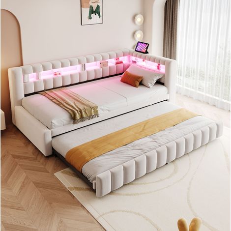 Divano letto estensibile 90x200 cm con LED, USB Type-C, vano contenitore, rete a doghe, velluto - beige (1/5)