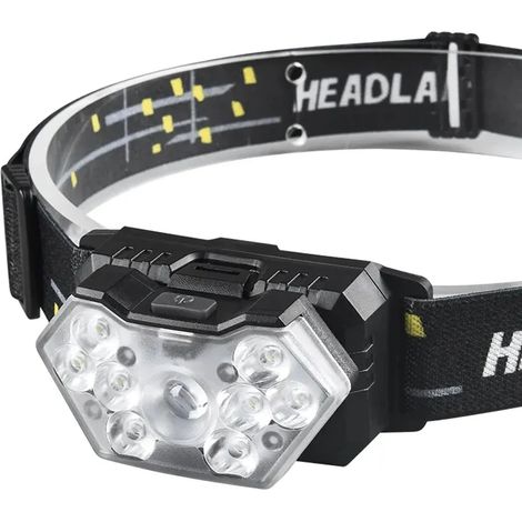 Lampe frontale à 9 LED (batterie rechargeable 1000 mAh) avec détecteur de mouvement et 9 LED puissantes. Lampe de travail portable idéale pour la pêche, le camping et les activités de plein air. (1/5)