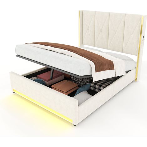 Polsterbett Doppelbett mit USB und Type-C, LED, Stauraum, 160 x 200 cm, Ohne Matratze, Beige (1/5)