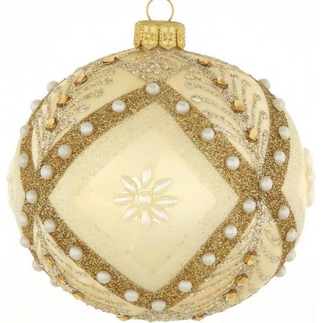 Pallina per albero di Natale color champagne in vetro con motivo floreale da 10 cm (1/4)