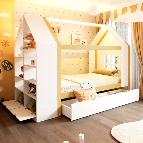 Etagenbett 90/200 cm in Hausform aus Massivholz mit LED und Stauraum (1/5)