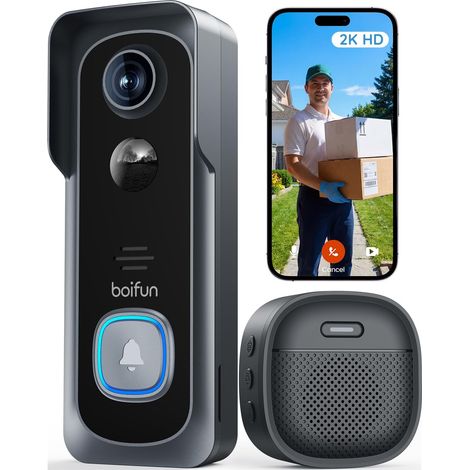 BOIFUN Video-Türklingel mit Kamera 2K HD, 166° Weitwinkel, Nachtsicht Alexa-kompatibel, Nachtsicht, PIR Bewegungserkennung, 2-Wege-Audio, SD- & Cloud-Speicher, mit Chime,Nur 2,4 GHz, Schwarz (1/5)