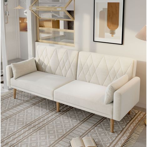 Canapé convertible 2 places en velours beige 180 cm, dossier et accoudoirs réglables (1/5)