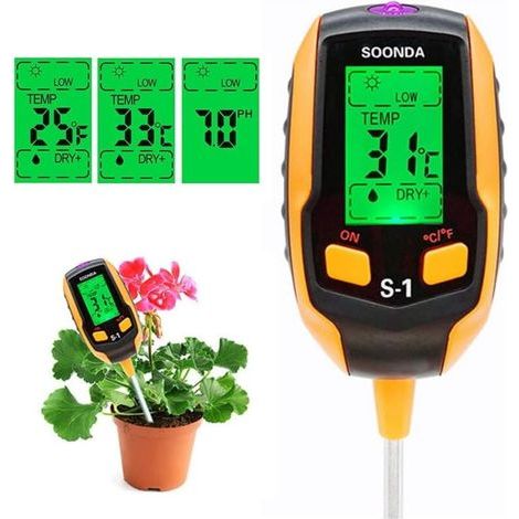 Testeur de sol 4 en 1, testeur d'humidité, pH mètre, kit de test numérique de sol, pH température du sol, lumière du soleil, test d'acidité pour jardin, ferme, pelouse, plantes d'intérieur
