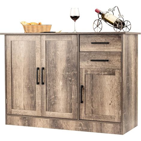 Costway – Buffet bas rustique 3 portes 2 tiroirs – Étagère réglable – Dimensions 110 x 40 x 78 cm – Charnières métalliques et fermeture magnétique (1/5)