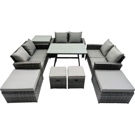 Fimous 10 Seater Wicker PE Rattan Furniture Outdoor Dining Table Double Seat Sofa 4 Stools Side Table Set Dark Grey Mixed (1/5)