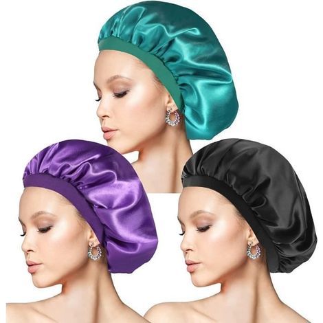 Set mit 3 Satin-Nachthauben mit Gummizug für langes Haar zum Schutz von lockigem Haar (Schwarz, Lila, Cyan) (1/4)