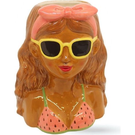 TRADE SHOP - Vaso Portapianta Statua Donna Con Occhiali Da Sole In Ceramica Colorata 22x15x28hcm 9013670 - (1/2)
