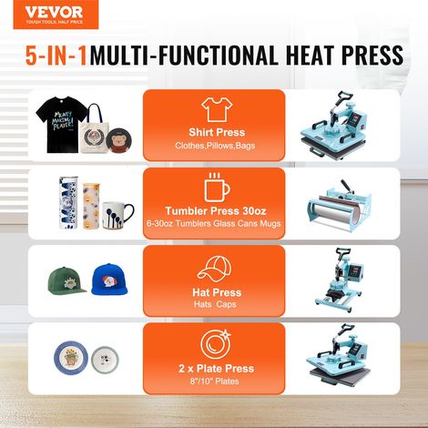 Presse à Chaud 8-en-1 Plaque 30x38 cm, Machine de Sublimation Textile avec Presse à Tasses de 18-89 cL, Pivotant à 360°, Contrôle N… (1/5)