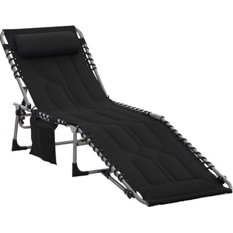 royaluxe -Transat pliant avec appui-tête, poche latérale, dossier réglable 5 positions, résistant aux intempéries, supporte jusqu'à 130 kg, pour jardin, plage, piscine, noir (1/5)