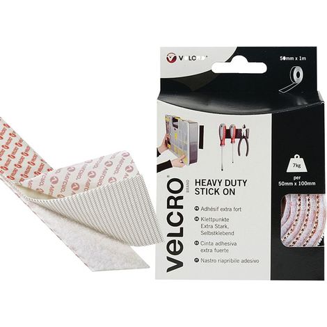 Heavy-Duty Adhesive Backed VELCRO® Brand Hook and Loop Tape, 1000mm x 50mm, Extra-Strong, White Color