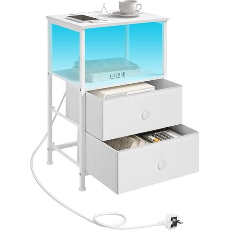 WOLTU 1x End Table with Charging Station, 2 Drawers Cabinet and 1 Open Shelf, Side Table for Living Room, White