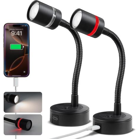2 Stück – 12V LED-Lampe – Rotes Nachtlicht – Dimmbar 4000K – 20W USB-C-Ladegerät – 360° flexibler Arm – Für Wohnmobil, Boot, Wohnwagen, Schwarzes Metall (1/5)