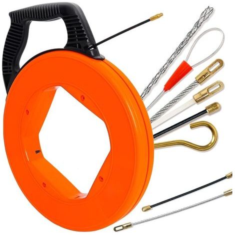 Aide à tirer le câble 30 m, 4 mm, spirale à tirer avec 6 adaptateurs, fil à tirer avec boîtier en plastique et poignée, ressort à tirer pour la pose de câbles (orange) (1/5)