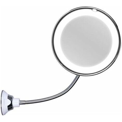 BUNTHAUS Miroir cosmétique avec col de cygne, 17 cm, grossissement 10x, éclairé par LED, avec ventouse puissante, pivotant à 360 degrés, lumière du jour, à piles, sans fil et miroir de voyage compact