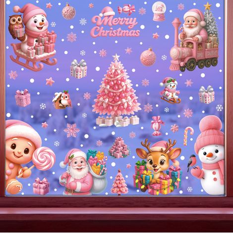Autocollants décoratifs roses pour fenêtres, sapin de Noël, bonhomme de neige, autocollants pour fenêtres, cerf de Noël, flocons de neige, autocollants statiques