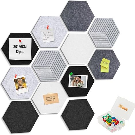 Felt Bulletin Boards Hexagonal Cork Notice Boards with 35 Clear Push Pins Black (1/5)