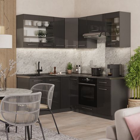Cucina angolare completa Fame-Line, Antracite lucido/Antracite, 190 x 160 cm, PL Antracite, Vicco