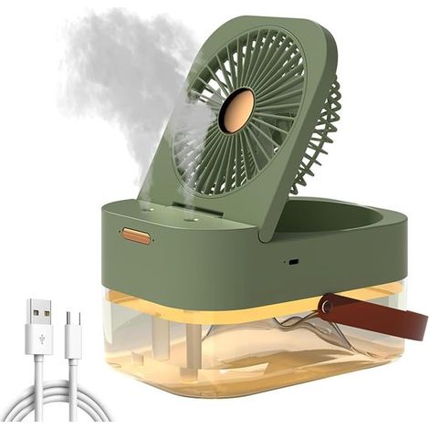 Ventilador de mesa 3 en 1: ventilador USB con humidificador y luz nocturna，2,5 L，humidificador USB recargable para oficinas，color verde (1/2)
