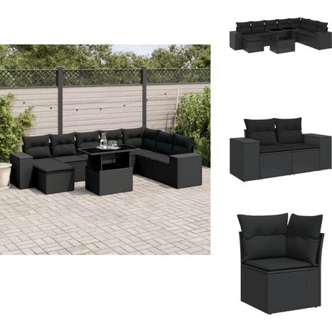 Salon de jardin 9 pcs avec coussins noir résine tressée - Ensemble Salon De Jardin - Meuble Extérieur - Résine Tressée - Rotin Synthétique - Table Extensible (1/5)
