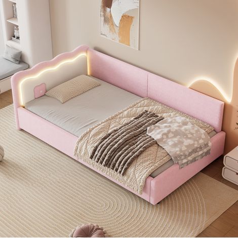 Daybett, Tagesbett, Schlafsofa, 90200cm, LED-Umgebungslicht, Bett mit Lattenrost (ohne Matratze), Vliesimitat, Rosa (1/5)
