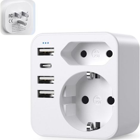 6 en 1 Adaptateur Prise France vers USA, Adaptateur Prise USA, Canada, Americaine avec 3 USB et 1 Type C (3,4A) et 2 Prises, Mexique Thaïlande Type B (Blanc)