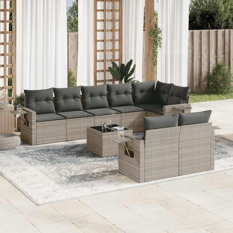 Set muebles jardín 9 pzas y cojines ratán sintético gris claro vidaXL (1/5)