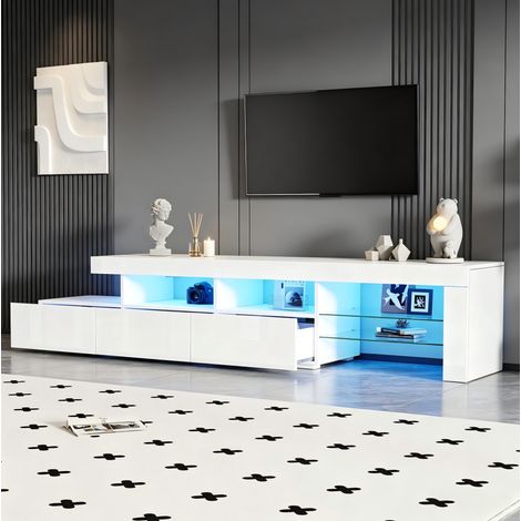 Mobile porta TV LED 180 x 35 x 45 cm per TV fino a 65 pollici, 3 cassetti, 7 vani portaoggetti, MDF laccato bianco (1/5)