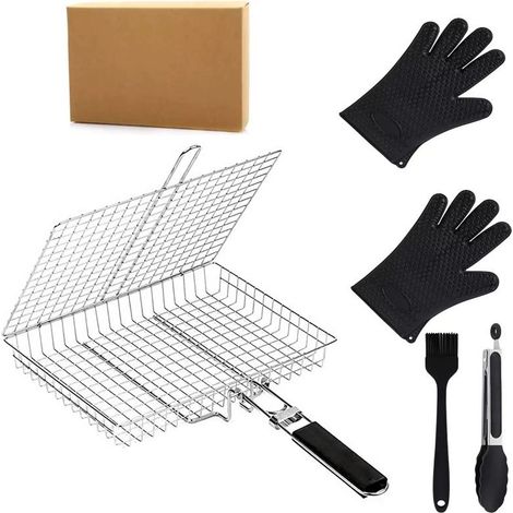 Kit BBQ : Grille de cuisson pliable en acier inoxydable — Outil de grillade en plein air pour rôtir poulet, poisson et maïs Équipement de camping et accessoires en acier inoxydable (1/5)