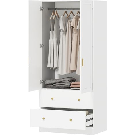 Kleiderschrank mit 2 Spiegeltüren, 2 Schubladen und Kleiderstange, 80 x 50 x 180 cm, weiß
