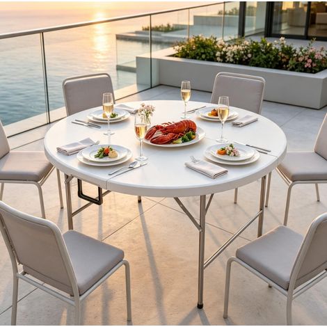 Mesa de jardín plegable redonda para 6 personas Ø122 cm, en HDPE y acero, gris y blanca, fácil de transportar y guardar para terraza o camping  CHICFURN (1/5)