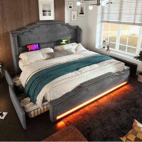 Bett Vintage 180x200 cm aus Samt in Grau mit Kopfteil, 4 Schubladen, LED, USB/USB-C und Lattenrost (1/5)